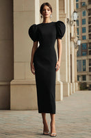 Load image into Gallery viewer, Black Mermaid Round Neck Puff Sleeves Long Formal Dress