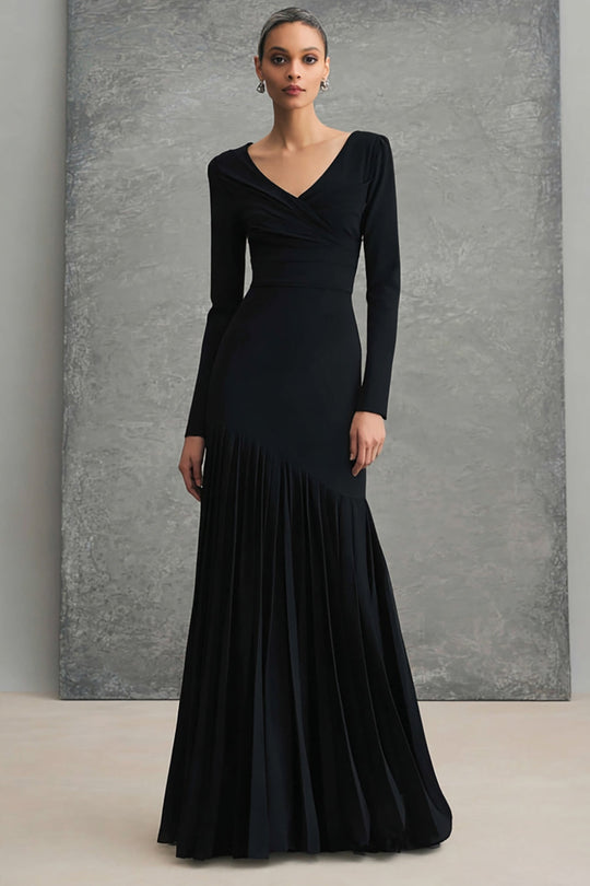 Queendancer Women Black Chiffon Long Formal Dress with Sleeves Mermaid Pleated V-Neck Evening Dress