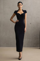 Load image into Gallery viewer, Black Pencil Sweetheart Cap Sleeves Long Formal Dress