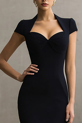 Black Pencil Sweetheart Cap Sleeves Long Formal Dress
