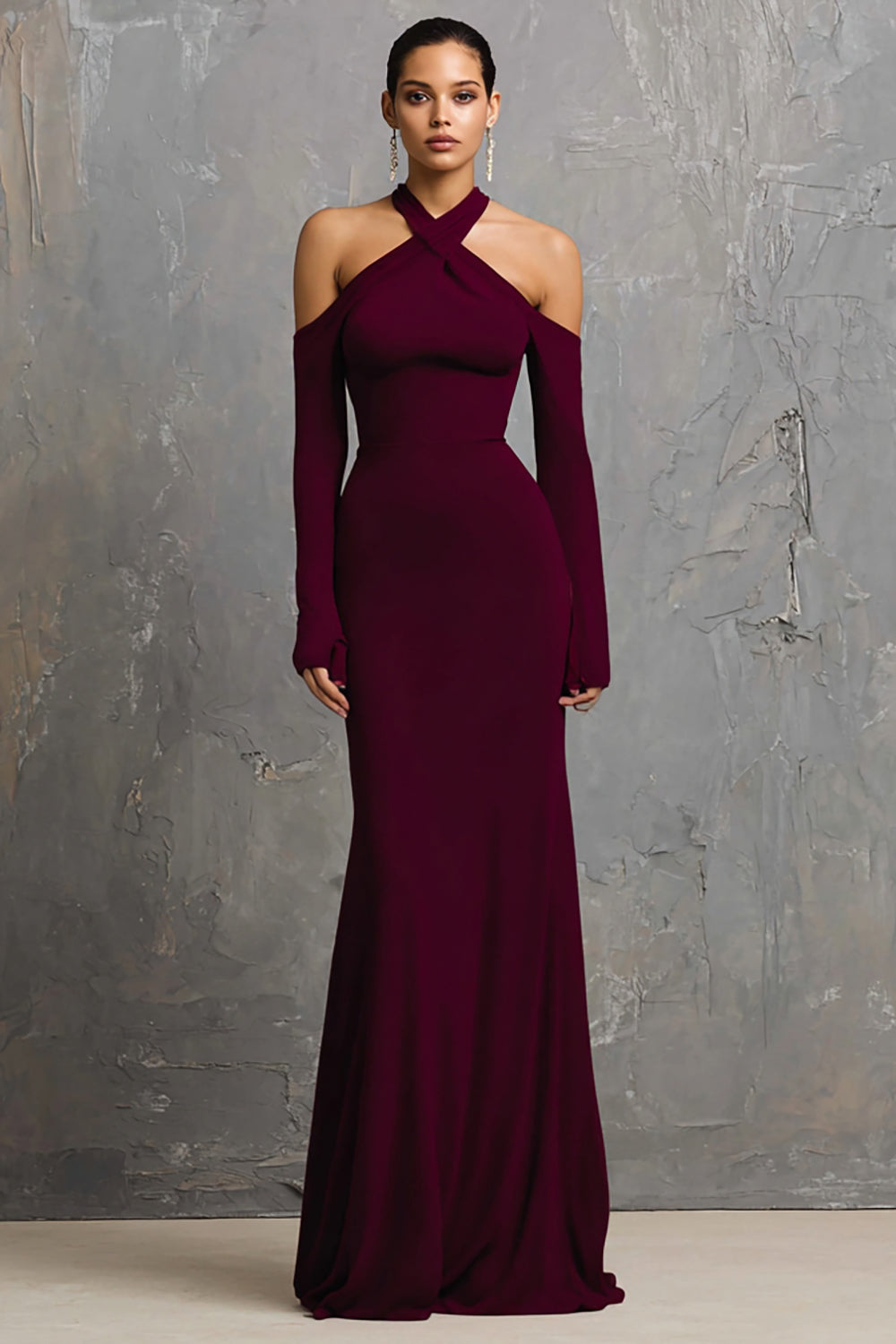 Burgundy Mermaid Halter Long Sleeves Formal Dress