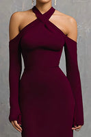 Load image into Gallery viewer, Burgundy Mermaid Halter Long Sleeves Formal Dress