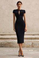 Load image into Gallery viewer, Black Pencil Round Neck Short Sleeves Midi Semi-Formal Dress