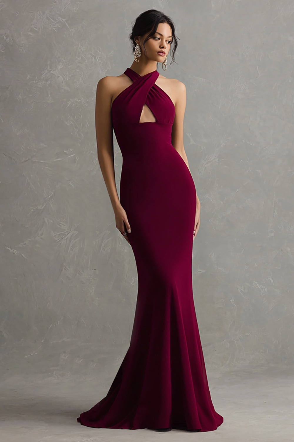 Burgundy Mermaid Halter Long Formal Dress with Keyhole