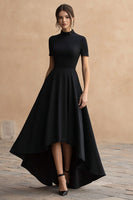 Load image into Gallery viewer, Black High Neck Satin A-Line Short Sleeves High-Low Formal Dress