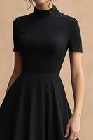 Load image into Gallery viewer, Black High Neck Satin A-Line Short Sleeves High-Low Formal Dress