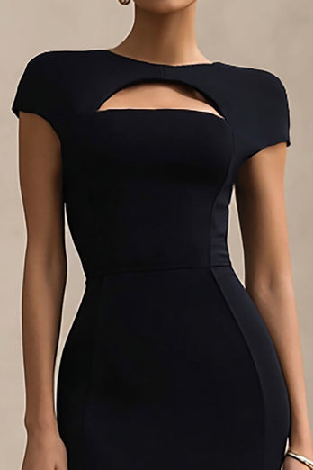 Black Mermaid Round Neck Cut Out Long Formal Dress with Sleeves