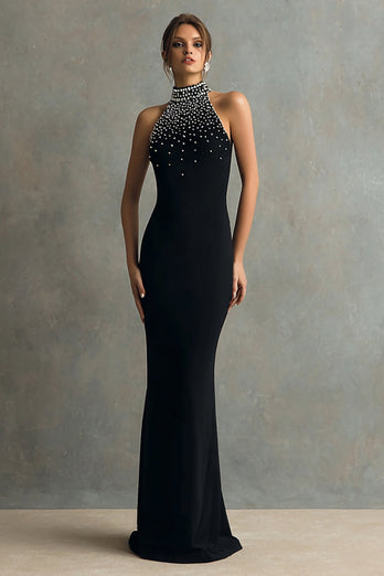 Sparkly Black Halter Mermaid Long Formal Dress with Beading