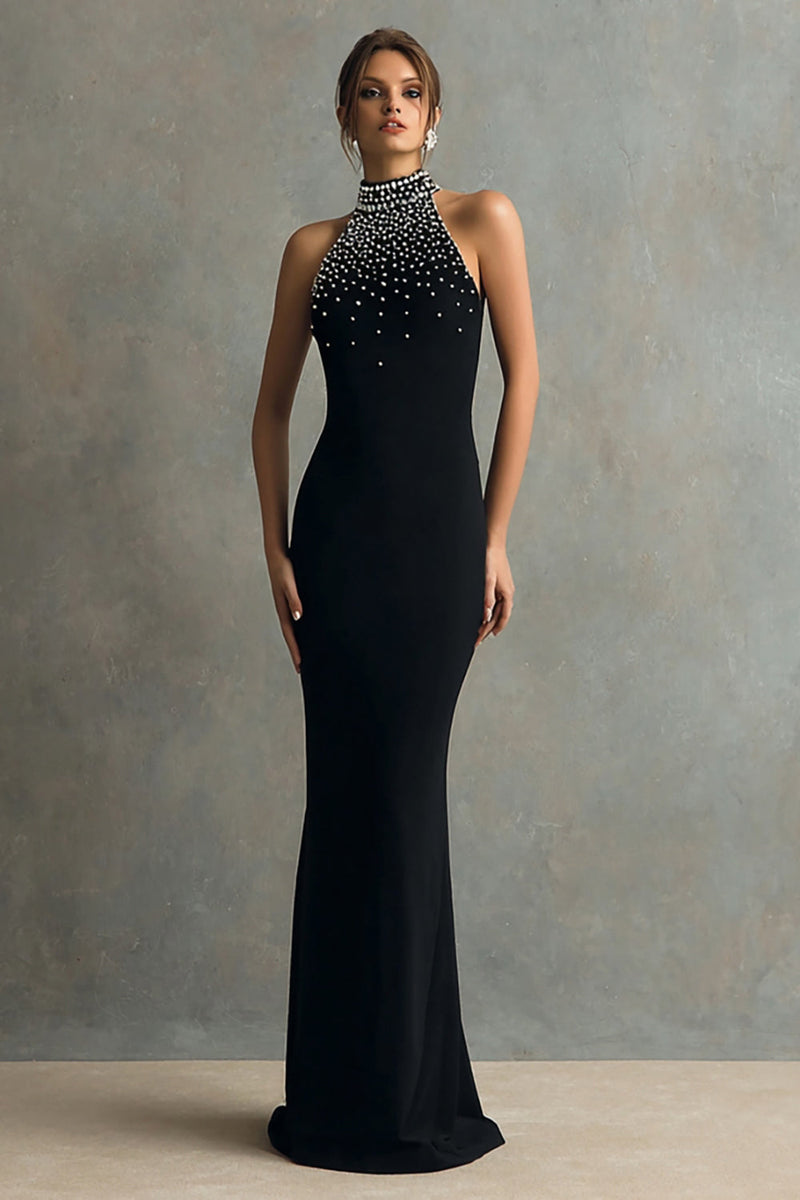 Load image into Gallery viewer, Sparkly Black Halter Mermaid Long Formal Dress with Beading