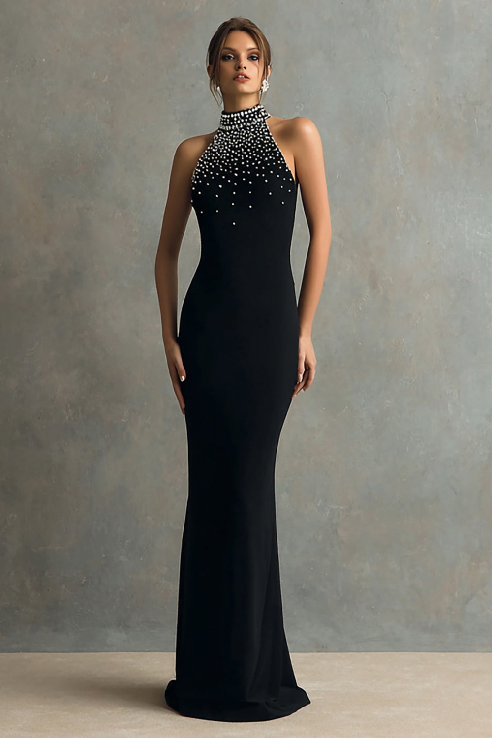 Sparkly Black Halter Mermaid Long Formal Dress with Beading