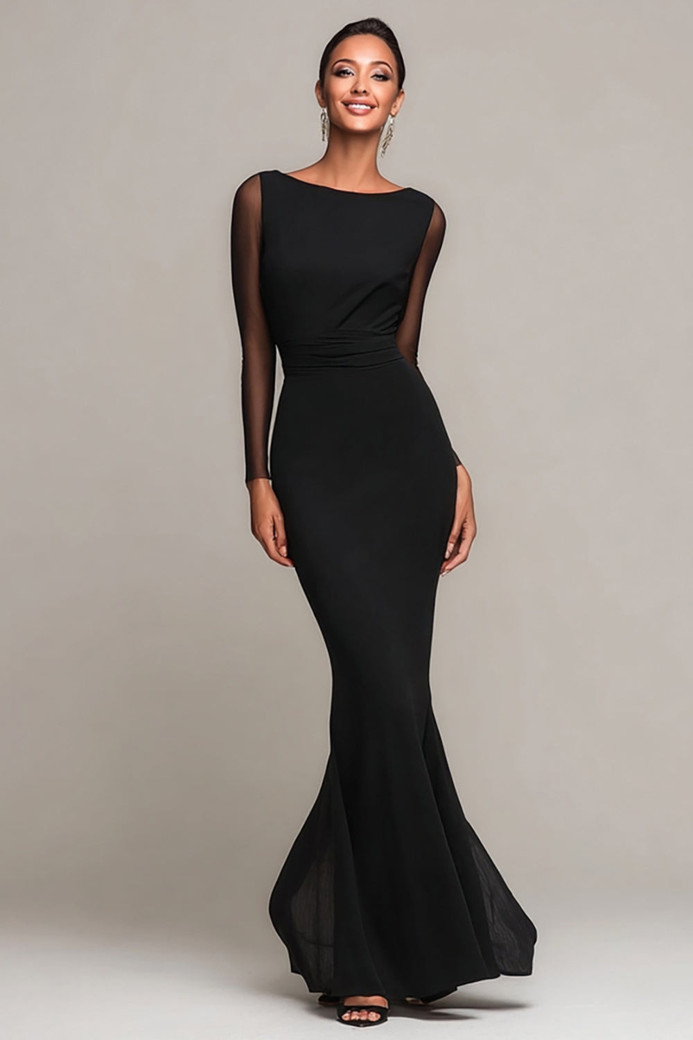 Black Mermaid Chiffon Boat Neck Long Sleeves Formal Dress