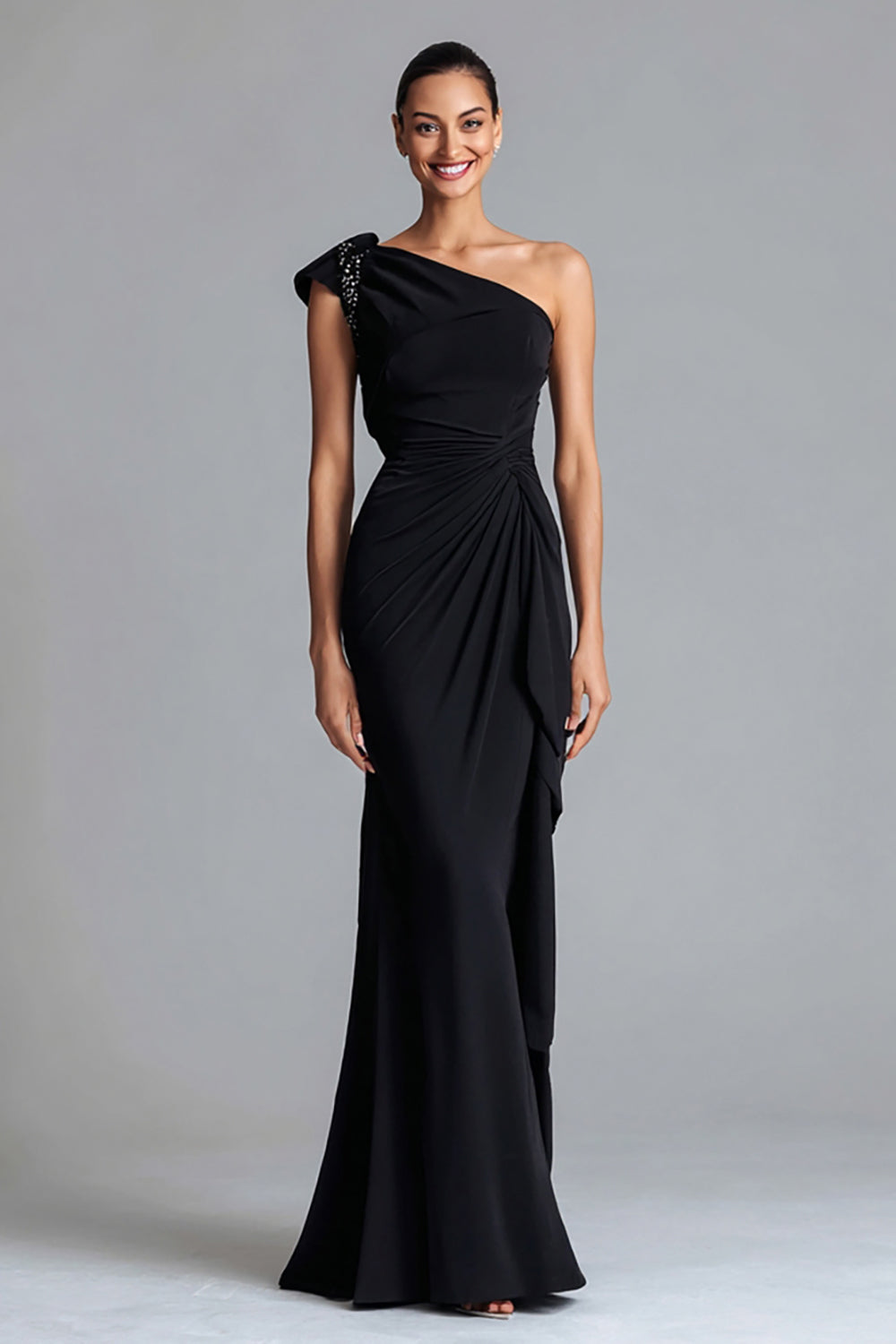 Black Chiffon Mermaid Ruched One Shoulder Long Formal Dress with Beading