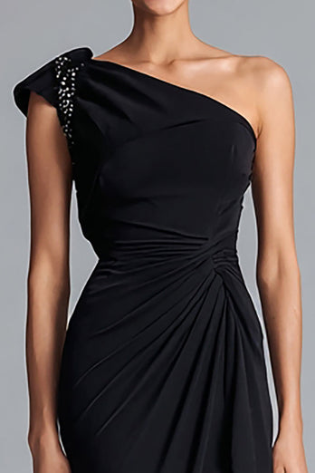 Black Chiffon Mermaid Ruched One Shoulder Long Formal Dress with Beading