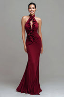 Load image into Gallery viewer, Burgundy Mermaid Ruched Halter Long Formal Dress with Ruffles