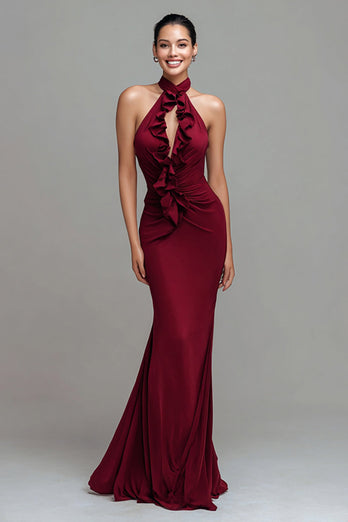 Burgundy Mermaid Ruched Halter Long Formal Dress with Ruffles