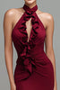 Load image into Gallery viewer, Burgundy Mermaid Ruched Halter Long Formal Dress with Ruffles
