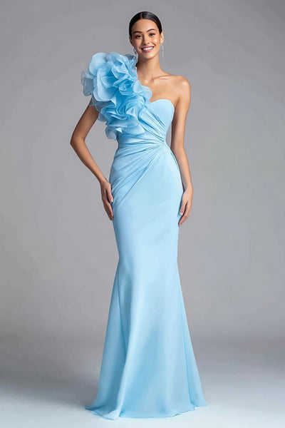 Light Blue Chiffon Mermaid Ruched One Shoulder Long Formal Dress with 3D Flower