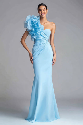 Light Blue Chiffon Mermaid Ruched One Shoulder Long Formal Dress with 3D Flower
