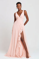 Load image into Gallery viewer, Pink Chiffon V-Neck Ruffled A-Line Long Formal Dress with Slit