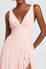 Load image into Gallery viewer, Pink Chiffon V-Neck Ruffled A-Line Long Formal Dress with Slit