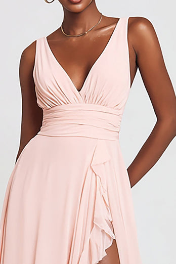 Pink Chiffon V-Neck Ruffled A-Line Long Formal Dress with Slit
