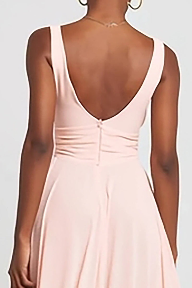 Load image into Gallery viewer, Pink Chiffon V-Neck Ruffled A-Line Long Formal Dress with Slit