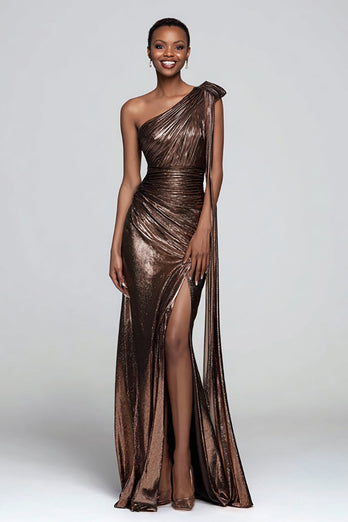 Sparkly Brown Metallic Ruched One Shoulder Long Formal Dress with Slit