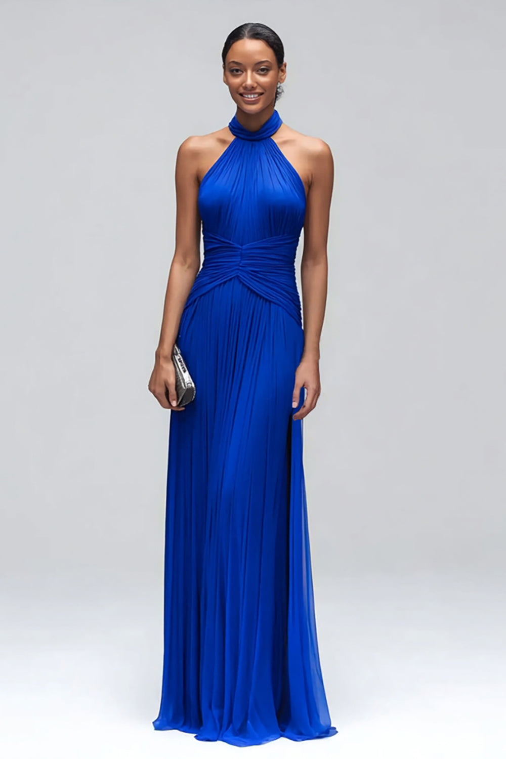 Royal Blue Mermaid Pleated High Neck Backless Long Formal Dress