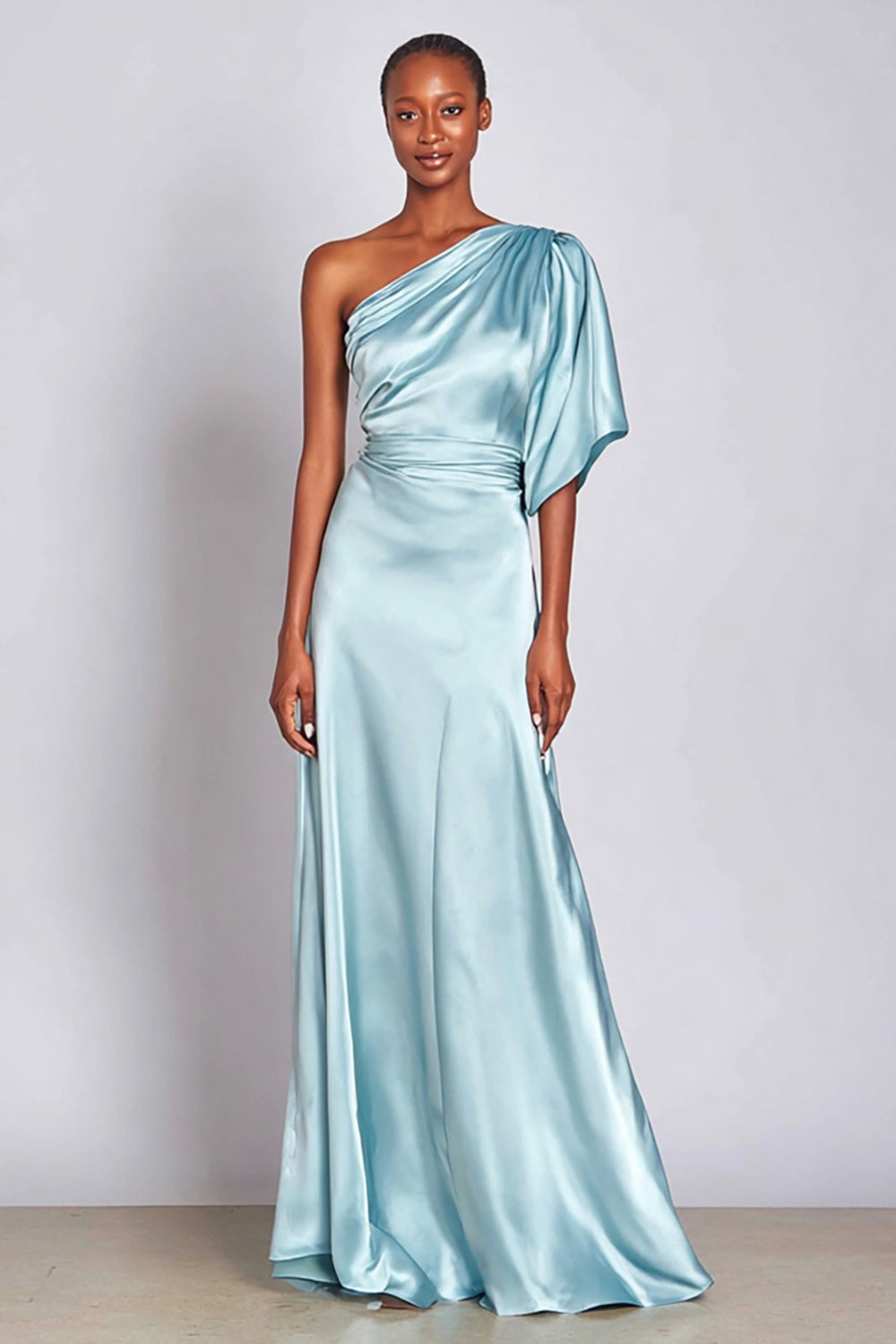 Light Blue Satin One Shoulder Mermaid Ruched Long Formal Dress with Sleeves