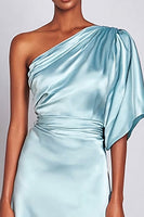 Load image into Gallery viewer, Light Blue Satin One Shoulder Mermaid Ruched Long Formal Dress with Sleeves