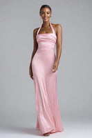 Load image into Gallery viewer, Pink Satin Halter Ruched Mermaid Long Formal Dress