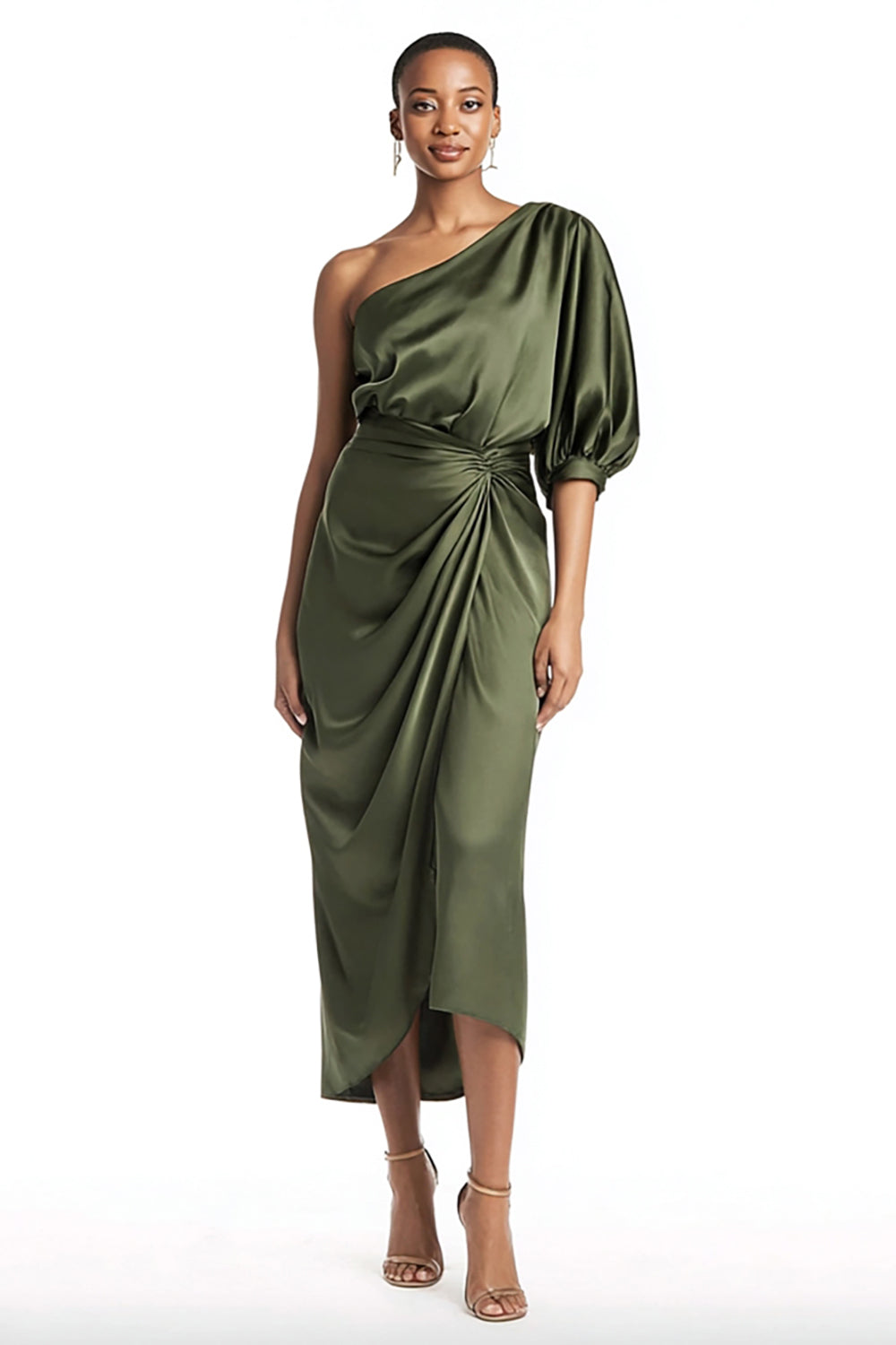 Olive Satin One Shoulder Ruched Sheath Long Formal Dress with Sleeves