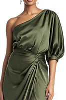 Load image into Gallery viewer, Olive Satin One Shoulder Ruched Sheath Long Formal Dress with Sleeves