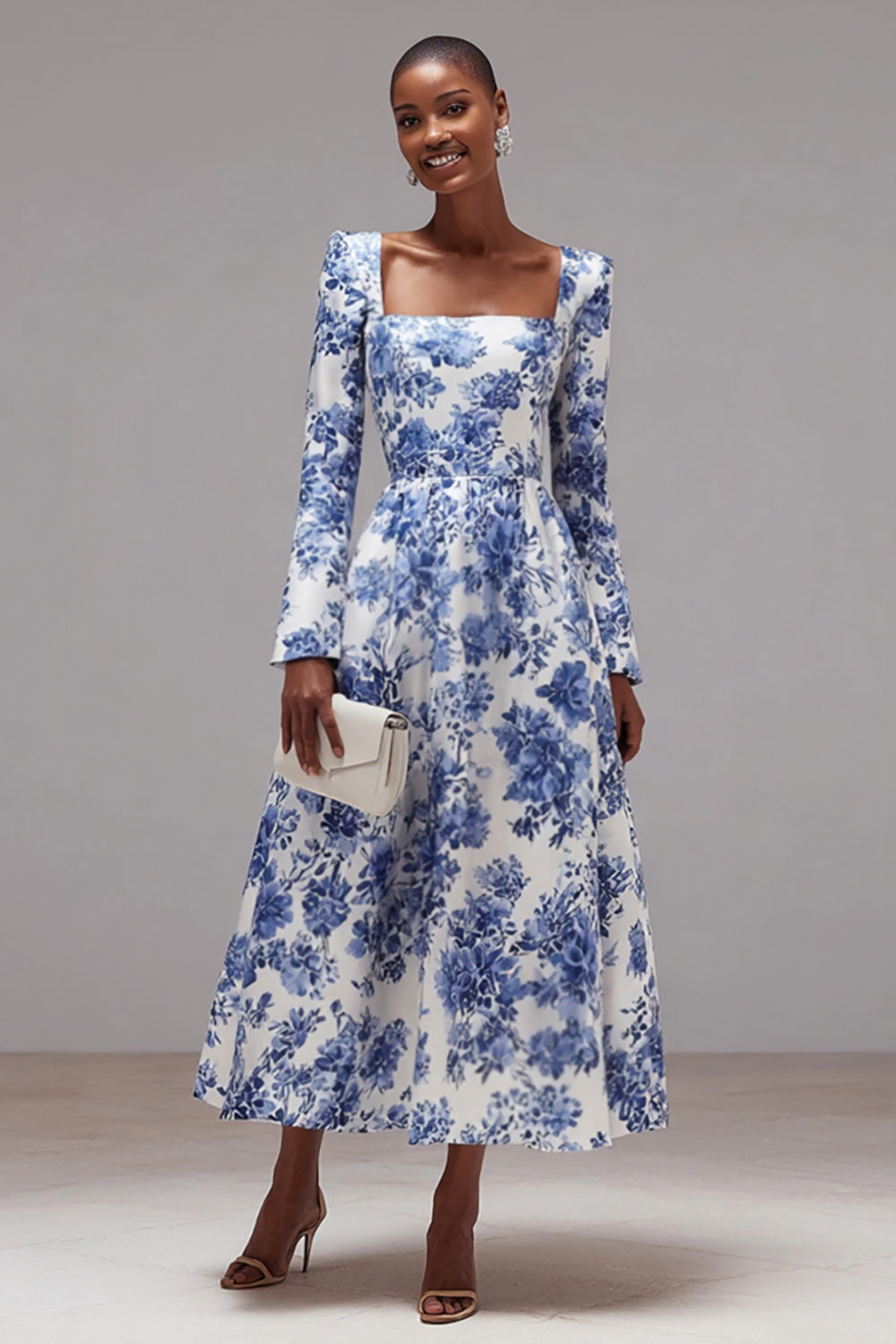 Floral Blue and White Square Neck A-Line Long Sleeves Wedding Guest Dress