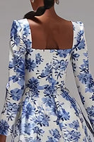 Load image into Gallery viewer, Floral Blue and White Square Neck A-Line Long Sleeves Wedding Guest Dress