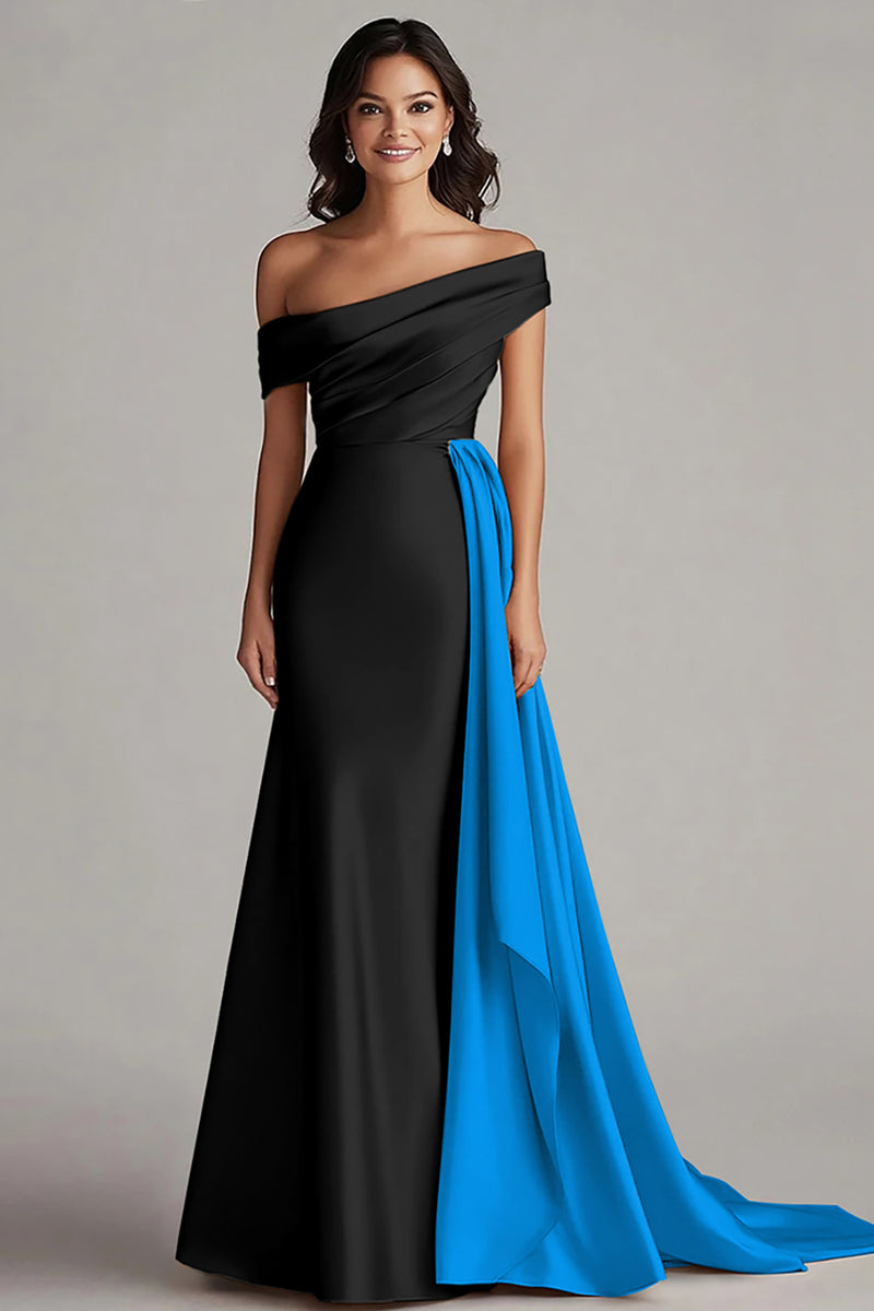 Load image into Gallery viewer, Black and White One Shoulder Satin Ruched Long Formal Dress with Ruffles