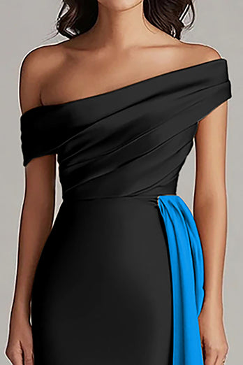 Black and White One Shoulder Satin Ruched Long Formal Dress with Ruffles