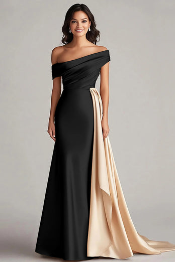 Black and White One Shoulder Satin Ruched Long Formal Dress with Ruffles