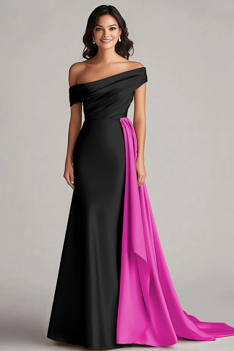 Load image into Gallery viewer, Black and White One Shoulder Satin Ruched Long Formal Dress with Ruffles