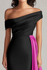 Load image into Gallery viewer, Black and White One Shoulder Satin Ruched Long Formal Dress with Ruffles