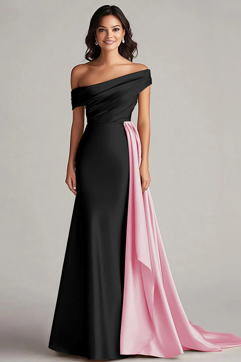 Load image into Gallery viewer, Black and White One Shoulder Satin Ruched Long Formal Dress with Ruffles