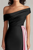 Load image into Gallery viewer, Black and White One Shoulder Satin Ruched Long Formal Dress with Ruffles