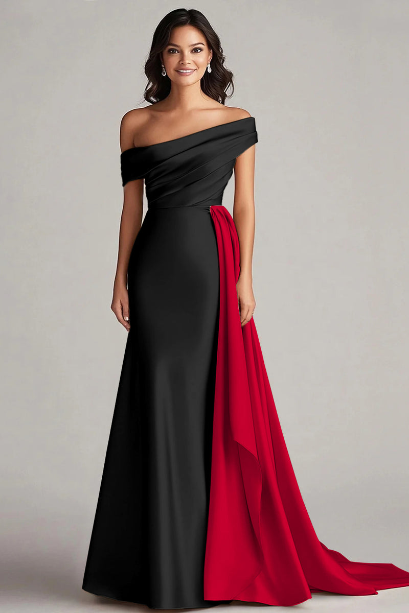 Load image into Gallery viewer, Black and White One Shoulder Satin Ruched Long Formal Dress with Ruffles