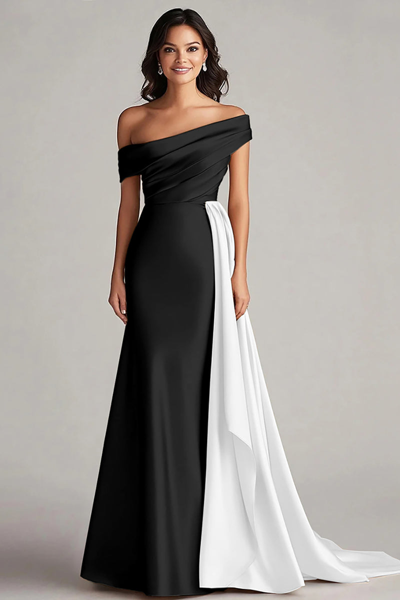 Load image into Gallery viewer, Black and White One Shoulder Satin Ruched Long Formal Dress with Ruffles
