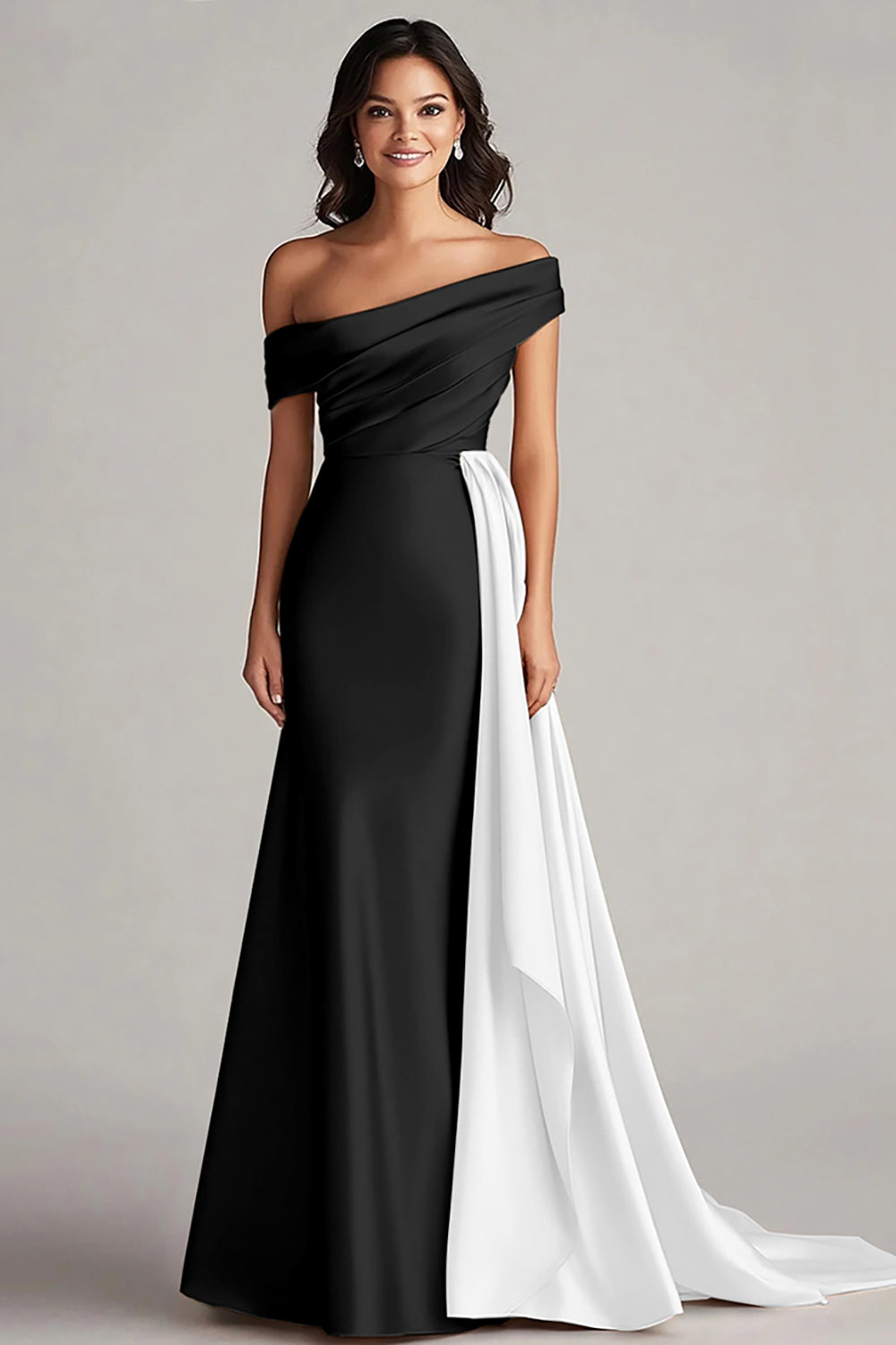 Black and White One Shoulder Satin Ruched Long Formal Dress with Ruffles