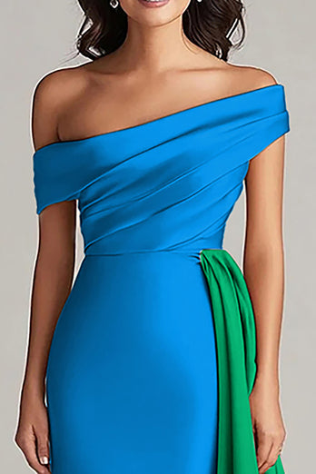 White and Black Satin One Shoulder Long Formal Dress with Ruffles