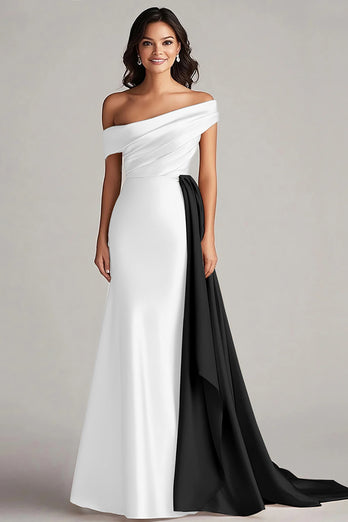 White and Black Satin One Shoulder Long Formal Dress with Ruffles