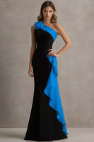 Load image into Gallery viewer, Black and Blue Satin Ruffled One Shoulder Long Formal Dress with 3D Flower
