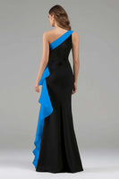 Load image into Gallery viewer, Black and Blue Satin Ruffled One Shoulder Long Formal Dress with 3D Flower