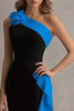 Load image into Gallery viewer, Black and Blue Satin Ruffled One Shoulder Long Formal Dress with 3D Flower